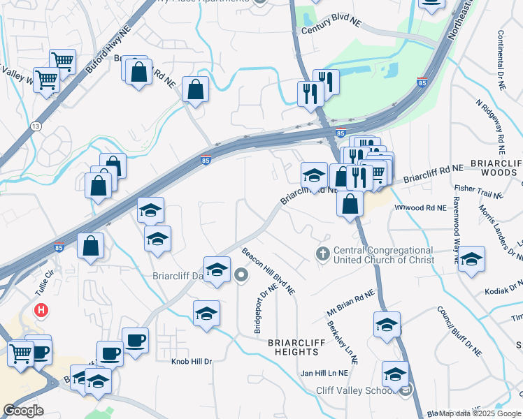 map of restaurants, bars, coffee shops, grocery stores, and more near 1831 Bruce Road Northeast in Atlanta