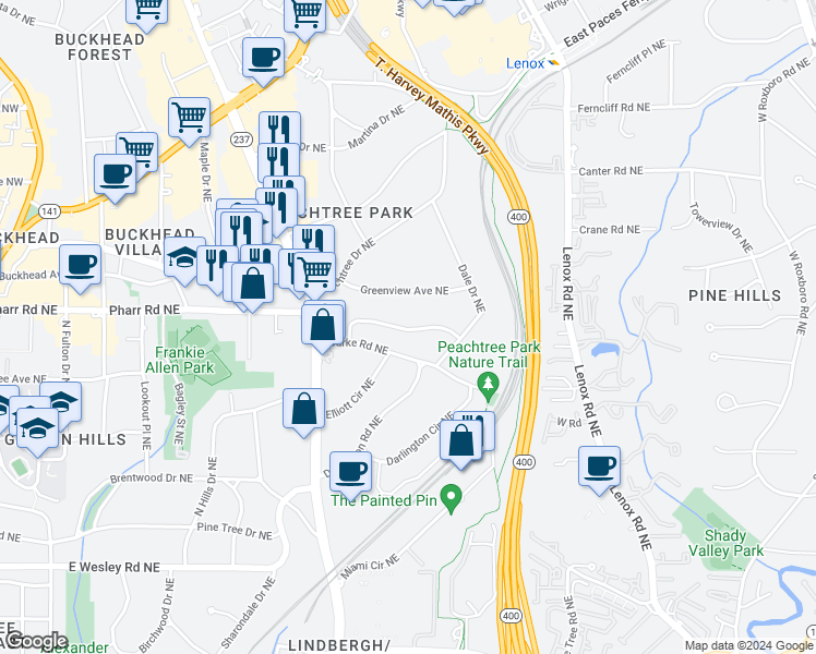 map of restaurants, bars, coffee shops, grocery stores, and more near 654 Timm Valley Road Northeast in Atlanta