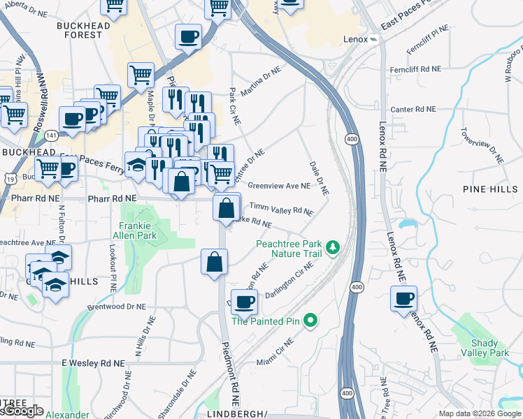 map of restaurants, bars, coffee shops, grocery stores, and more near 635 Timm Valley Road Northeast in Atlanta
