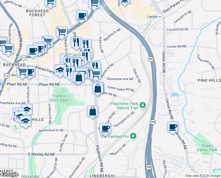 map of restaurants, bars, coffee shops, grocery stores, and more near 626 Timm Valley Road Northeast in Atlanta