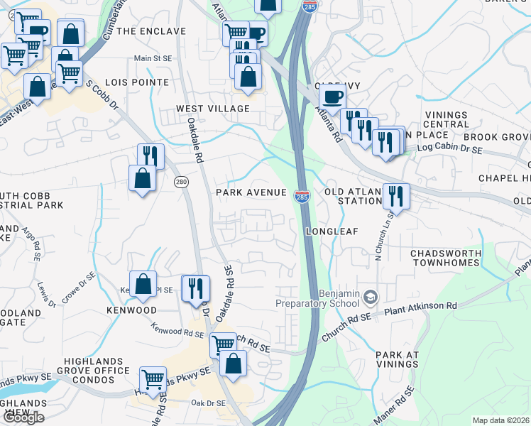 map of restaurants, bars, coffee shops, grocery stores, and more near 2471 Natoma Court Southeast in Smyrna