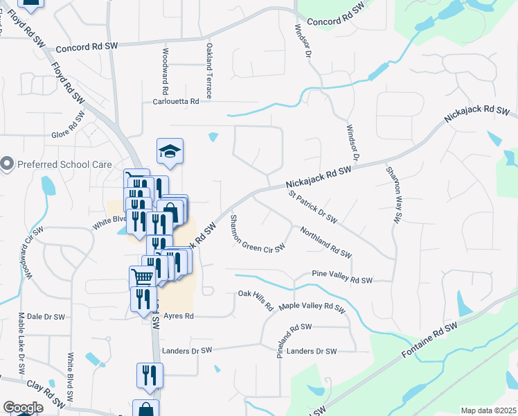 map of restaurants, bars, coffee shops, grocery stores, and more near 545 Nickajack Road Southwest in Mableton