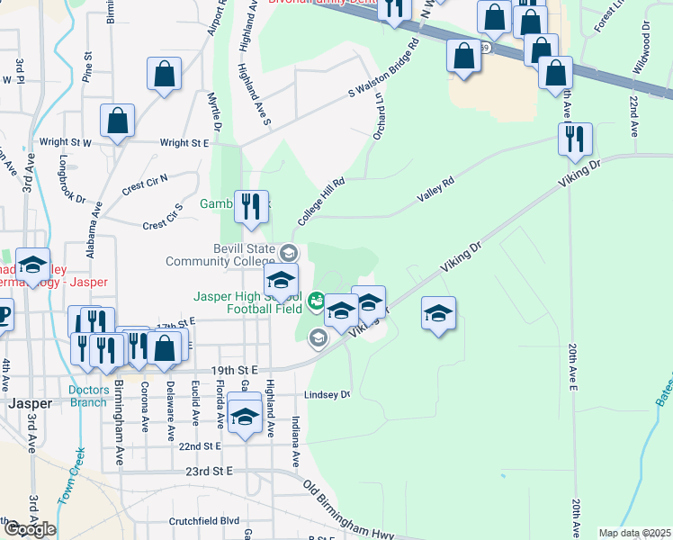 map of restaurants, bars, coffee shops, grocery stores, and more near 1101 Valley Road in Jasper