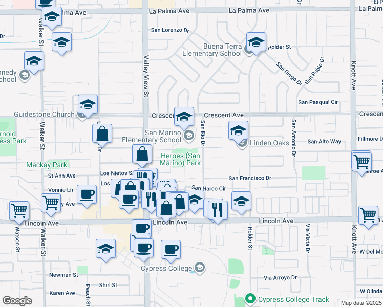 map of restaurants, bars, coffee shops, grocery stores, and more near 6200 San Rolando Circle in Buena Park