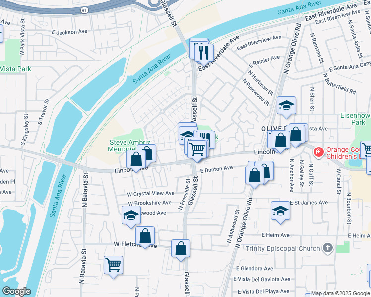 map of restaurants, bars, coffee shops, grocery stores, and more near 2812 North Glassell Street in Orange