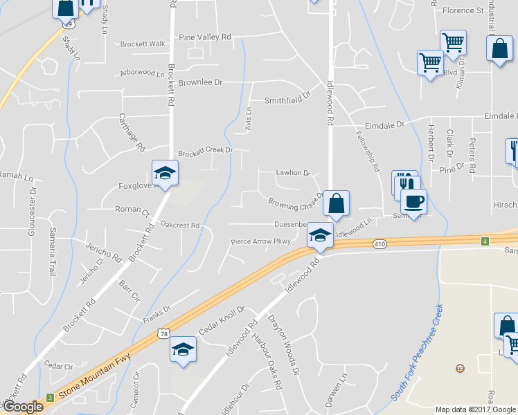 map of restaurants, bars, coffee shops, grocery stores, and more near 4171 Browning Chase Drive in Tucker