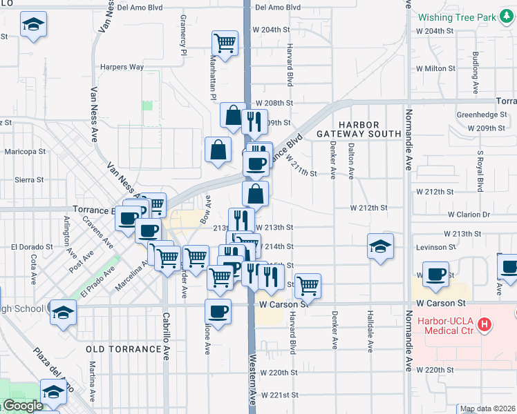 map of restaurants, bars, coffee shops, grocery stores, and more near 21220 South Western Avenue in Torrance