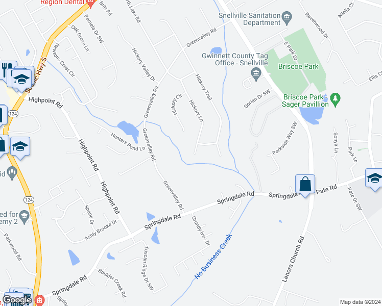 map of restaurants, bars, coffee shops, grocery stores, and more near 2907 Hickory Lane in Snellville