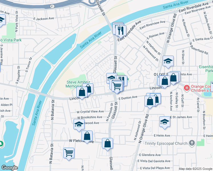 map of restaurants, bars, coffee shops, grocery stores, and more near 2890 North Glassell Street in Orange