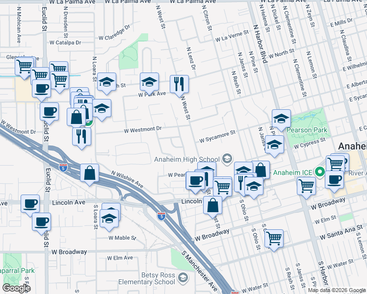 map of restaurants, bars, coffee shops, grocery stores, and more near 1200 West Connecticut Avenue in Anaheim