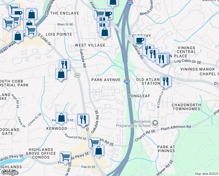 map of restaurants, bars, coffee shops, grocery stores, and more near 2248 Fort Drive in Smyrna