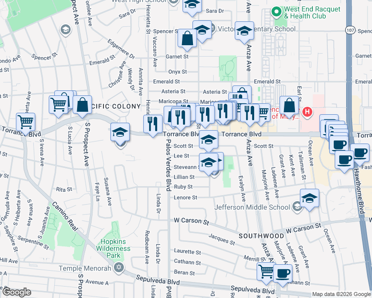 map of restaurants, bars, coffee shops, grocery stores, and more near 5202 Scott Street in Torrance