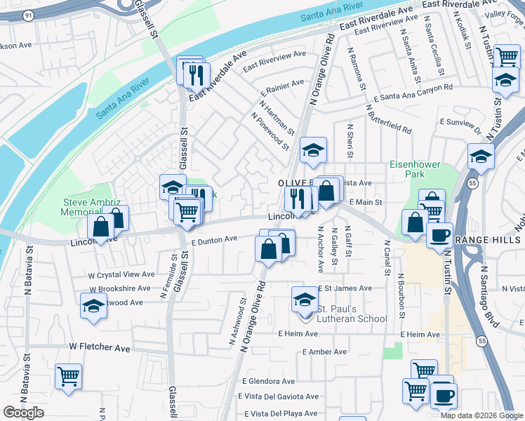 map of restaurants, bars, coffee shops, grocery stores, and more near 2855 North Cottonwood Street in Orange