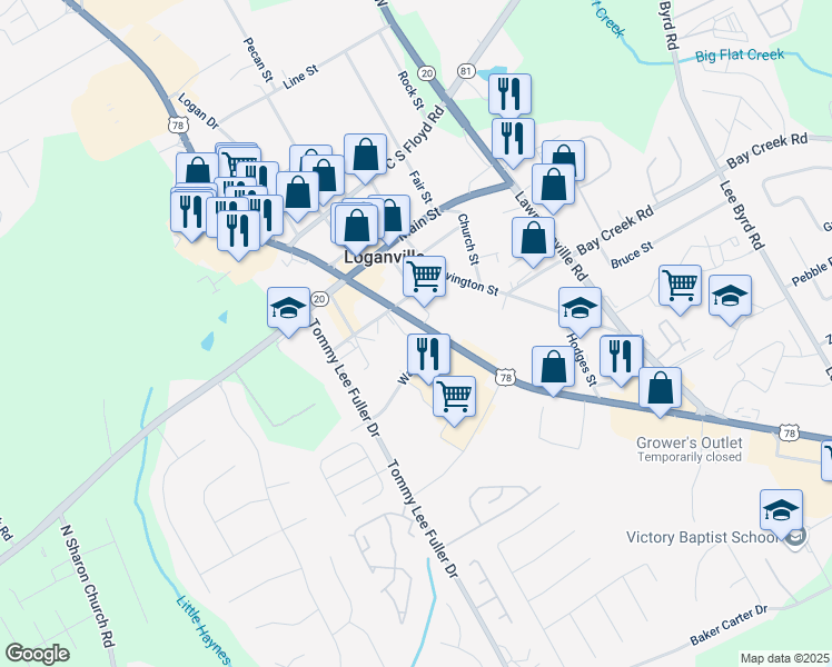 map of restaurants, bars, coffee shops, grocery stores, and more near 4431 Atlanta Highway in Loganville
