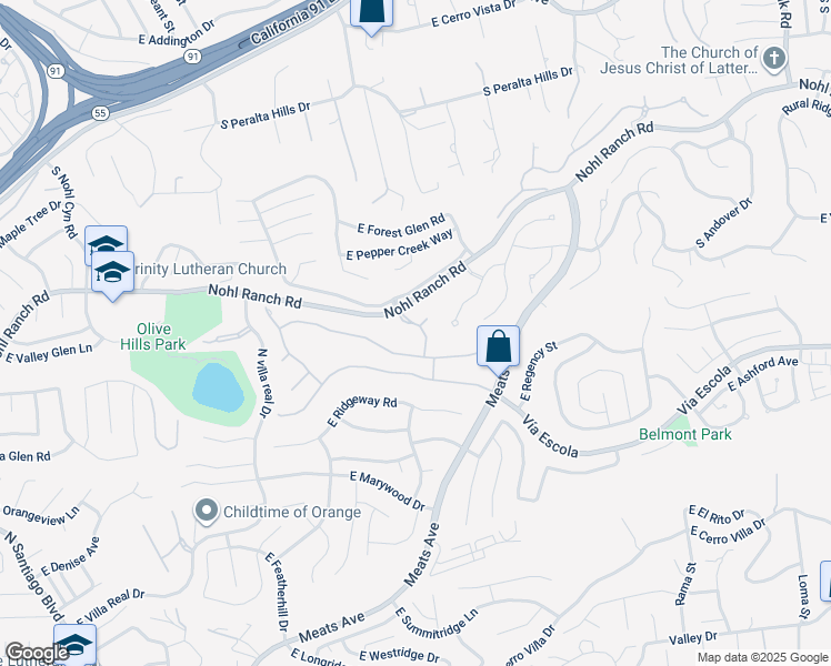 map of restaurants, bars, coffee shops, grocery stores, and more near 2836 North Kingsgate Drive in Orange