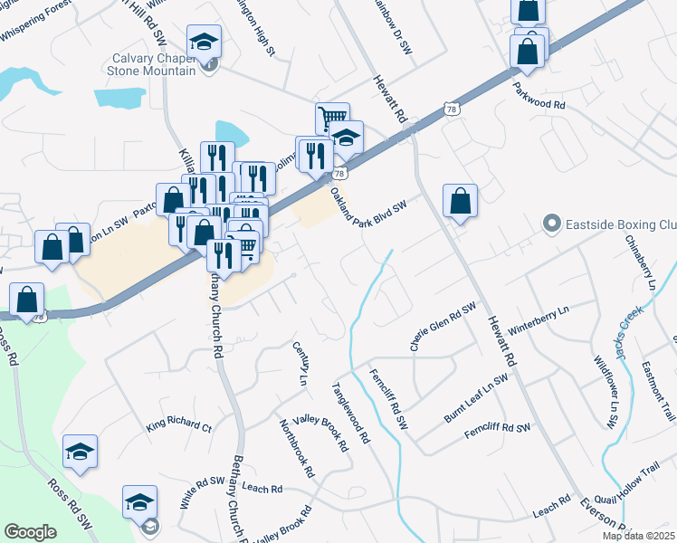 map of restaurants, bars, coffee shops, grocery stores, and more near 3727 Oakland Spring Court in Snellville