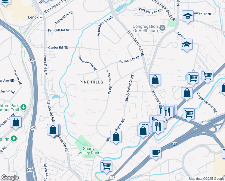 map of restaurants, bars, coffee shops, grocery stores, and more near 3003 West Roxboro Road Northeast in Atlanta