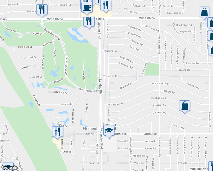 map of restaurants, bars, coffee shops, grocery stores, and more near 29235 Avenida La Paz in Cathedral City