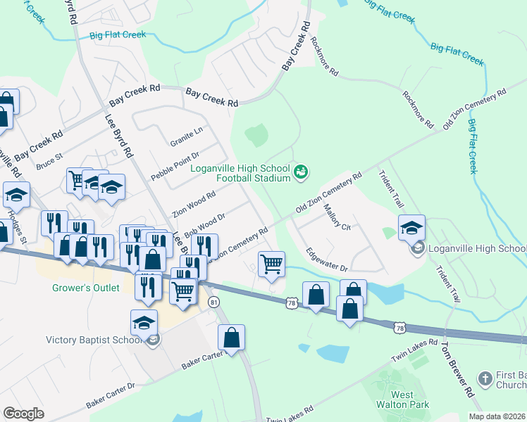 map of restaurants, bars, coffee shops, grocery stores, and more near 282 Zion Wood Road in Loganville