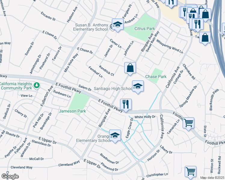 map of restaurants, bars, coffee shops, grocery stores, and more near 3116 New Hampshire Drive in Corona
