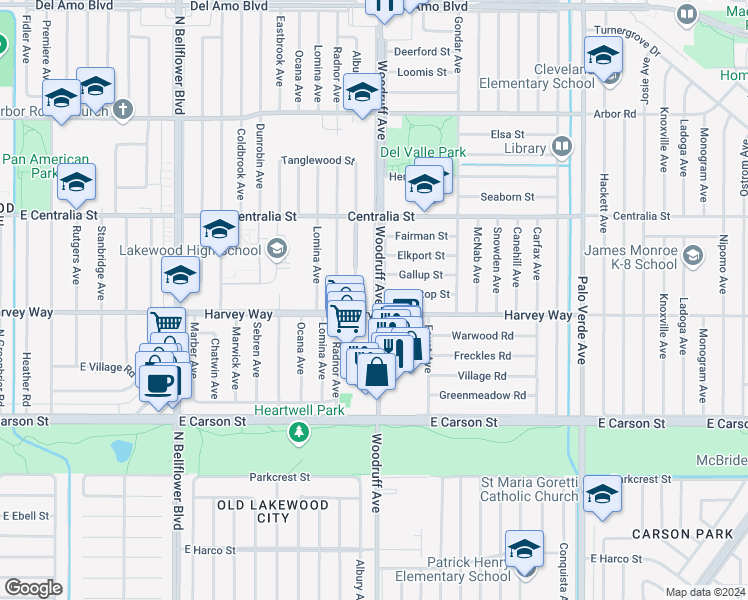 map of restaurants, bars, coffee shops, grocery stores, and more near 6002 Greentop Street in Lakewood