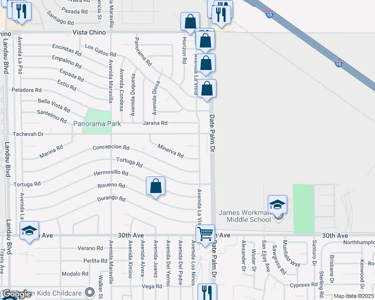 map of restaurants, bars, coffee shops, grocery stores, and more near 68867 Lozano Court in Cathedral City