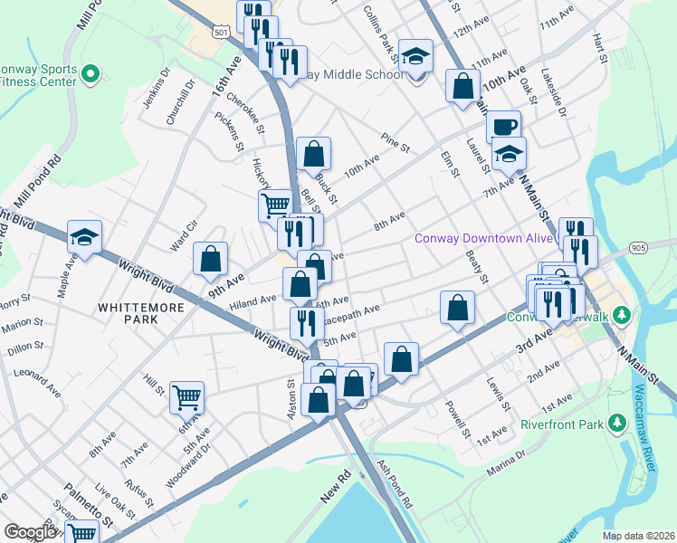 map of restaurants, bars, coffee shops, grocery stores, and more near 611 Smith Street in Conway