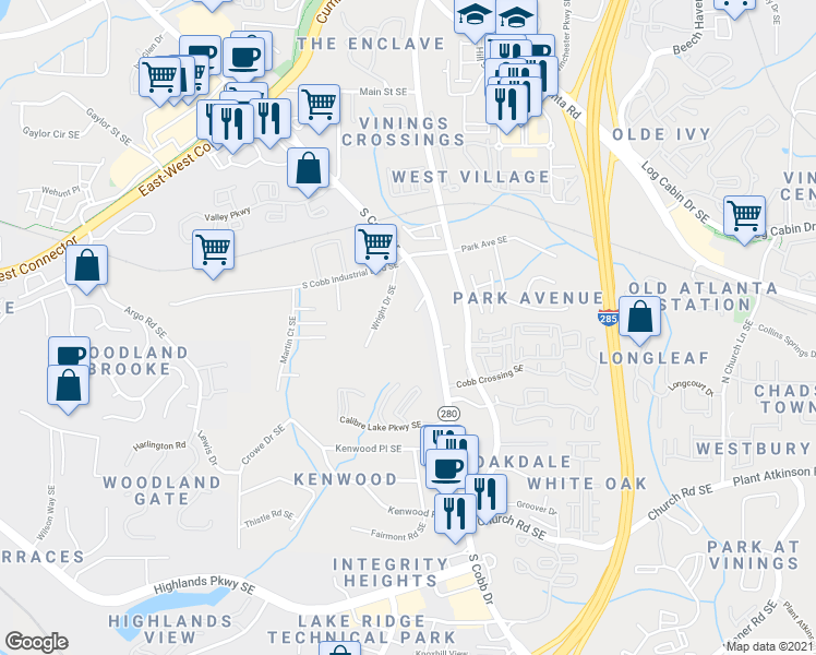 map of restaurants, bars, coffee shops, grocery stores, and more near 4840 Hanson Drive Southeast in Smyrna