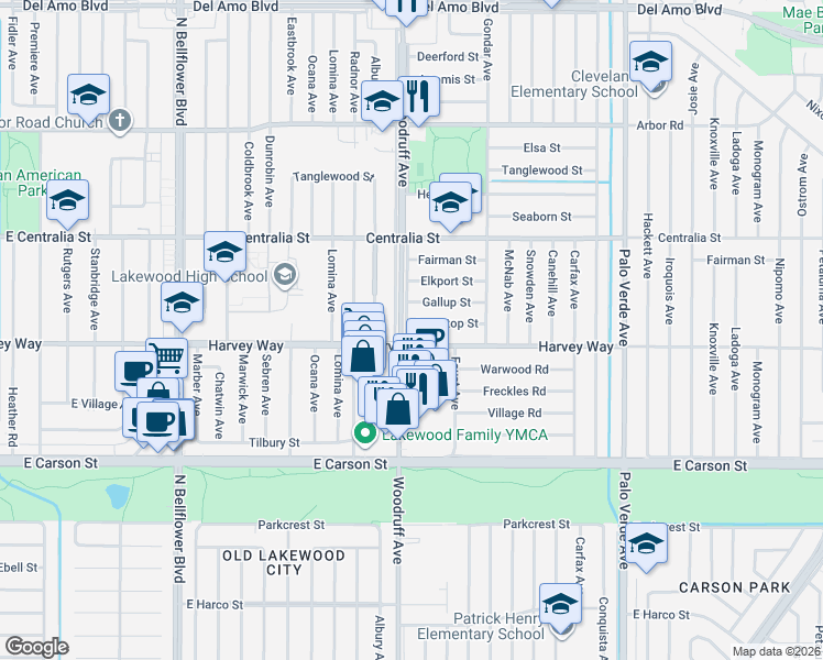 map of restaurants, bars, coffee shops, grocery stores, and more near 5907 Greentop Street in Lakewood