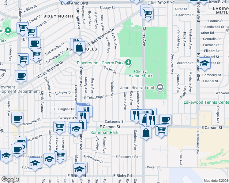 map of restaurants, bars, coffee shops, grocery stores, and more near 4337 Keever Avenue in Long Beach