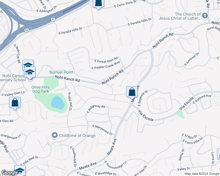 map of restaurants, bars, coffee shops, grocery stores, and more near 2836 North Kingsgate Drive in Orange