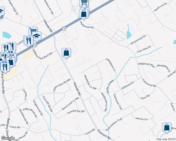 map of restaurants, bars, coffee shops, grocery stores, and more near 3407 Chinaberry Lane in Snellville