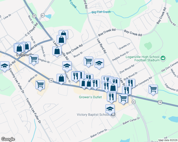 map of restaurants, bars, coffee shops, grocery stores, and more near 7728 Hampton Place in Loganville