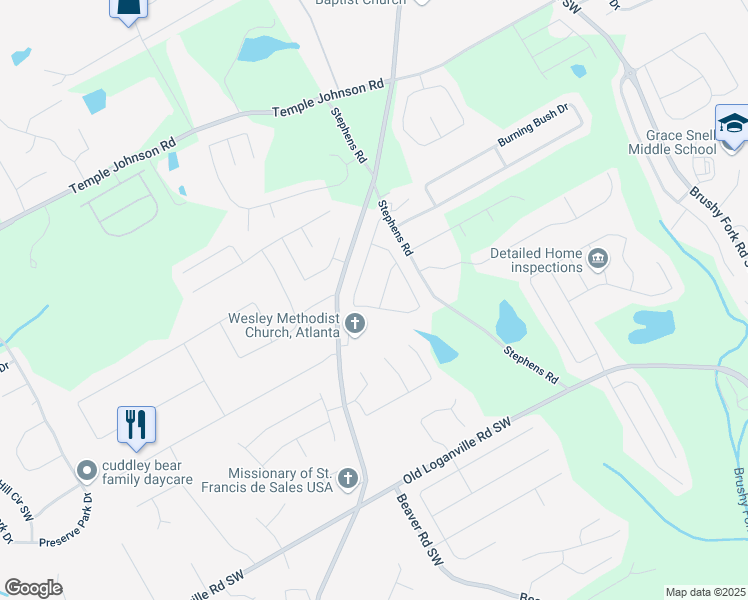 map of restaurants, bars, coffee shops, grocery stores, and more near 3715 Frankie Wade Lane in Loganville