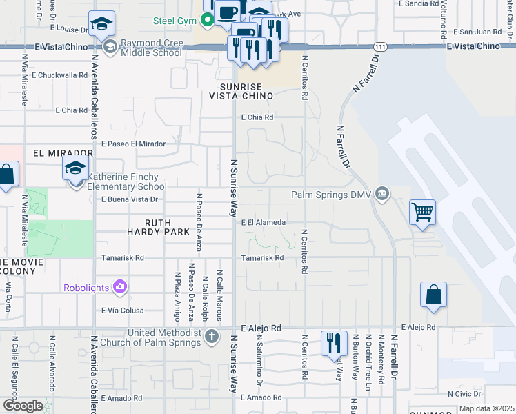 map of restaurants, bars, coffee shops, grocery stores, and more near 1721 East Tachevah Drive in Palm Springs