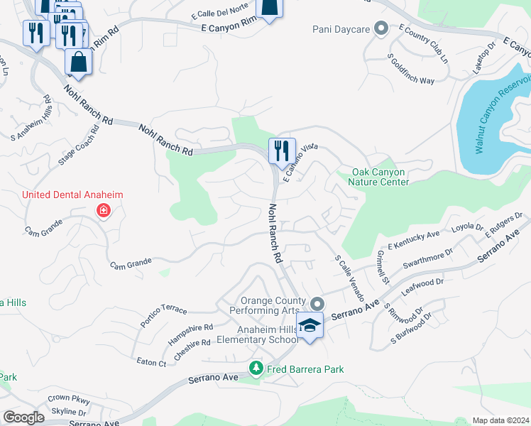 map of restaurants, bars, coffee shops, grocery stores, and more near 720 Ridgeview Road in Anaheim
