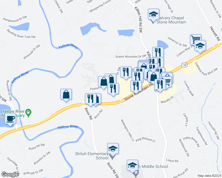 map of restaurants, bars, coffee shops, grocery stores, and more near 1900 Paxton Drive Southwest in Lilburn