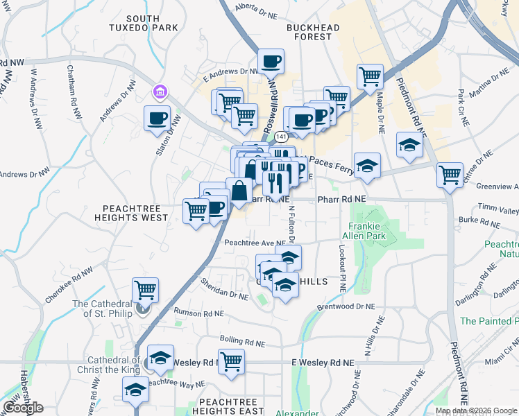 map of restaurants, bars, coffee shops, grocery stores, and more near 235 Pharr Road Northeast in Atlanta