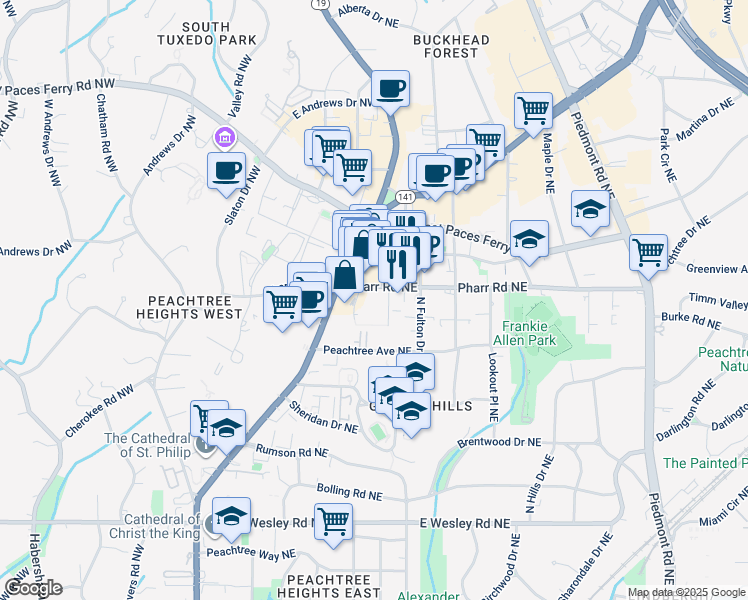 map of restaurants, bars, coffee shops, grocery stores, and more near 235 Pharr Road Northeast in Atlanta
