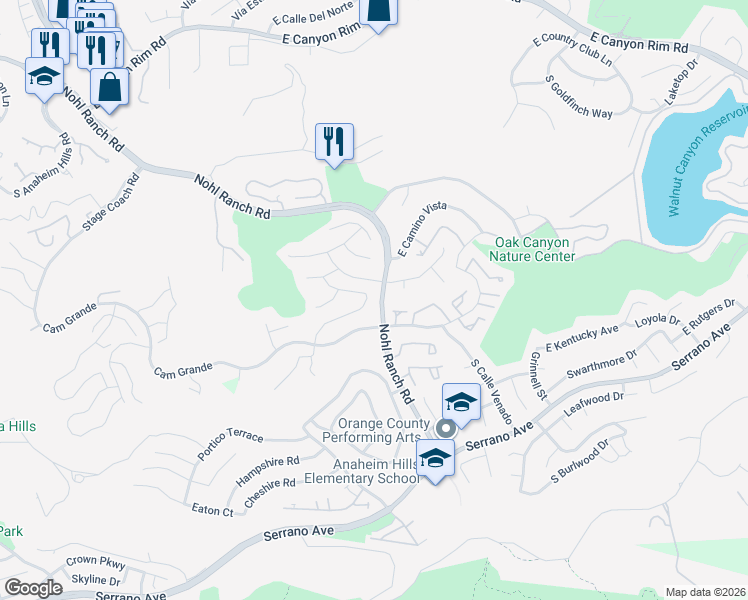 map of restaurants, bars, coffee shops, grocery stores, and more near 720 Ridgeview Road in Anaheim