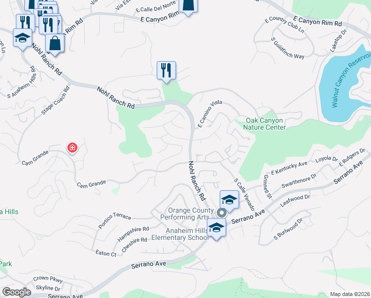 map of restaurants, bars, coffee shops, grocery stores, and more near 720 Ridgeview Road in Anaheim