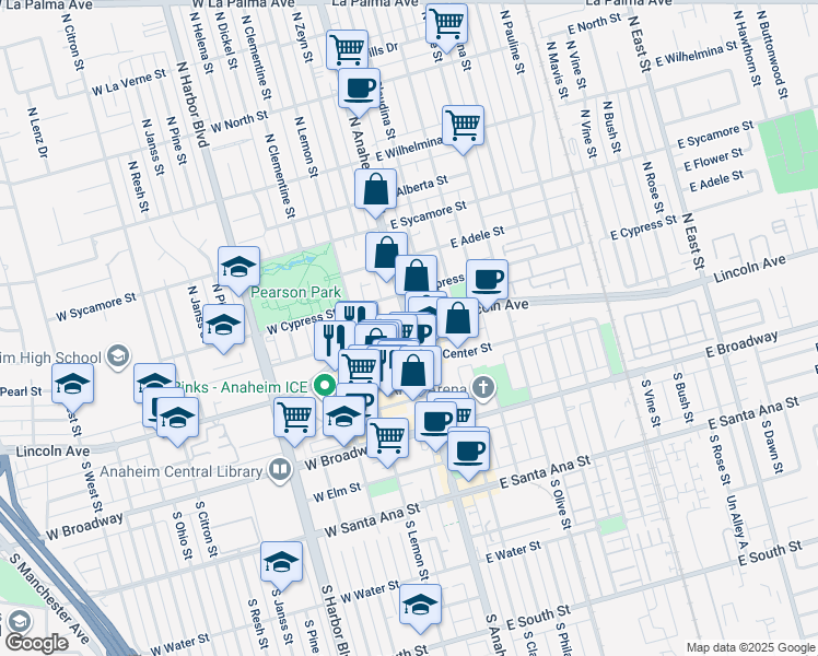 map of restaurants, bars, coffee shops, grocery stores, and more near 527 West Victor Avenue in Anaheim