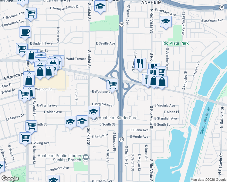 map of restaurants, bars, coffee shops, grocery stores, and more near 408 South Hilda Circle in Anaheim