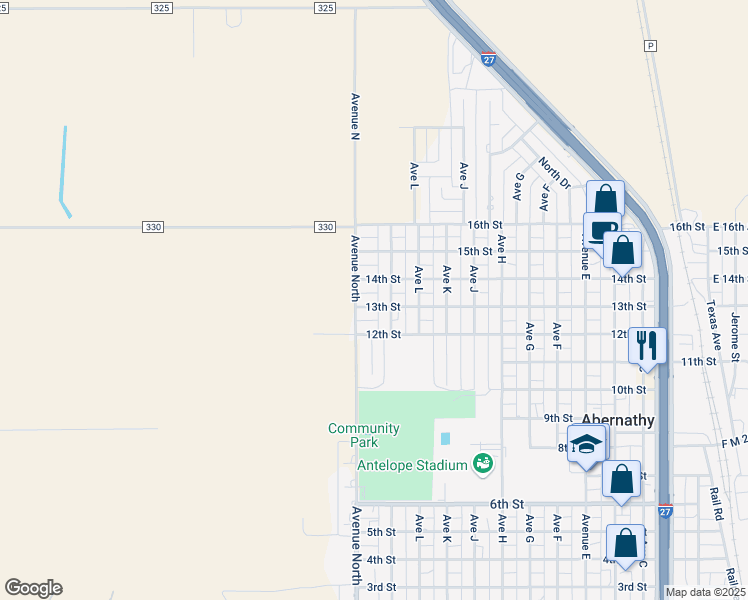 map of restaurants, bars, coffee shops, grocery stores, and more near 1309 Avenue M Aberanthy in Abernathy