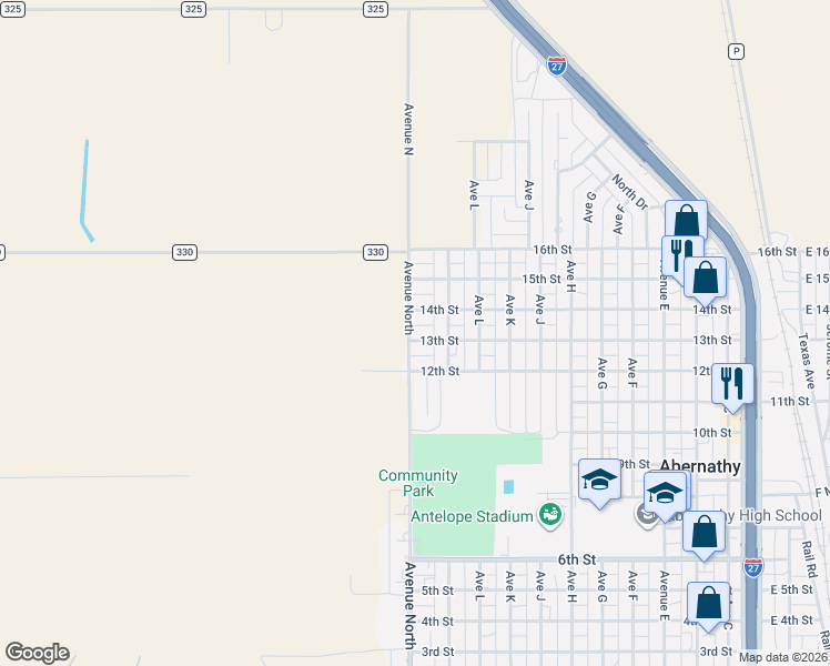 map of restaurants, bars, coffee shops, grocery stores, and more near 3352-3356 Avenue North in Abernathy