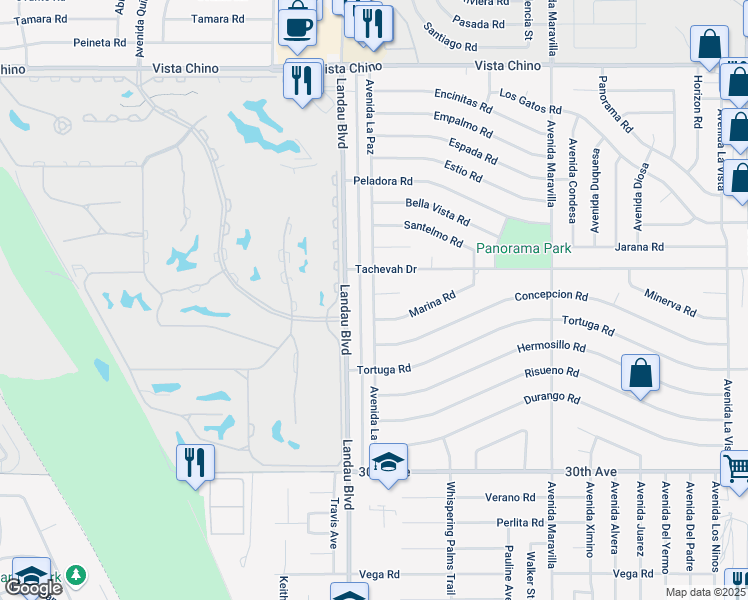map of restaurants, bars, coffee shops, grocery stores, and more near 29115 Avenida La Paz in Cathedral City