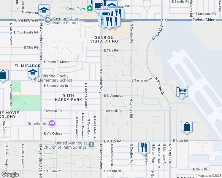map of restaurants, bars, coffee shops, grocery stores, and more near 1721 East Tachevah Drive in Palm Springs
