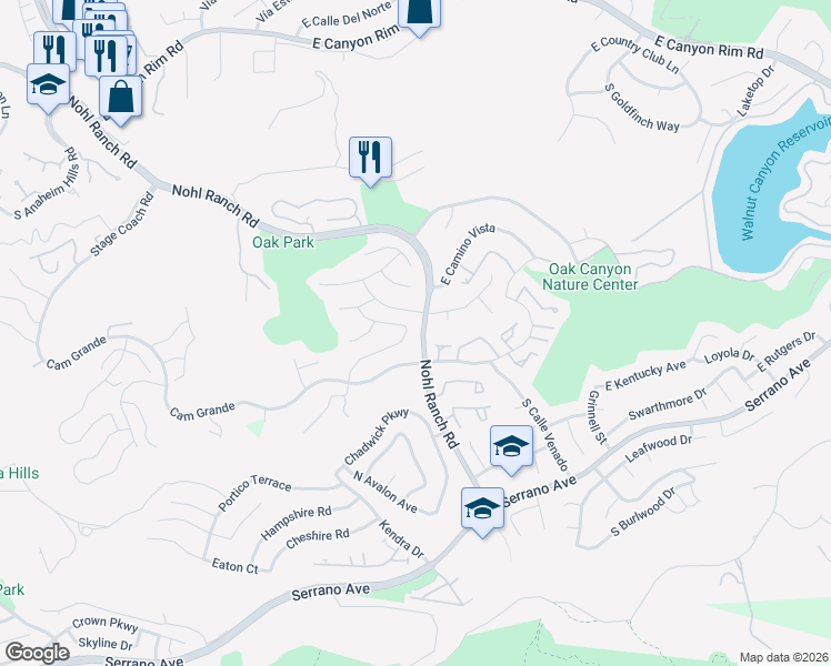 map of restaurants, bars, coffee shops, grocery stores, and more near 6491 East Ridge Glen Road in Anaheim