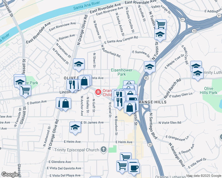 map of restaurants, bars, coffee shops, grocery stores, and more near 16737 East Main Street in Orange