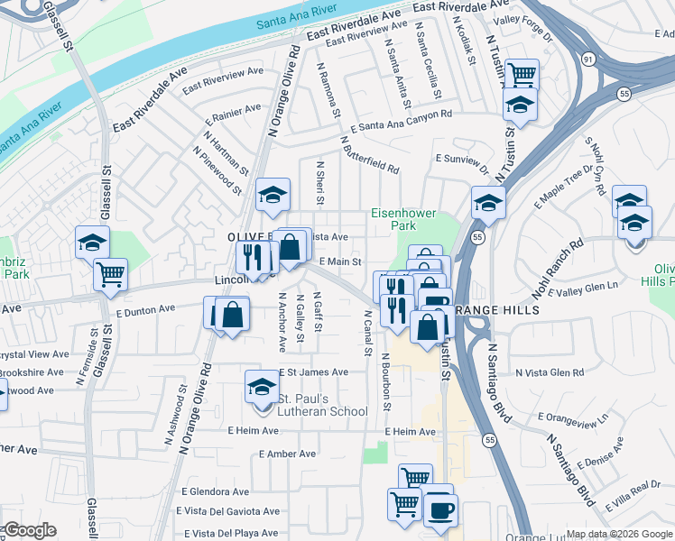 map of restaurants, bars, coffee shops, grocery stores, and more near 16661 Orange Avenue in Orange
